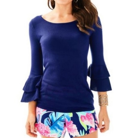 Lilly Pulitzer Navy Blue Clare Ruffle Belle Sleeve Super Soft Sweater - Picture 1 of 6
